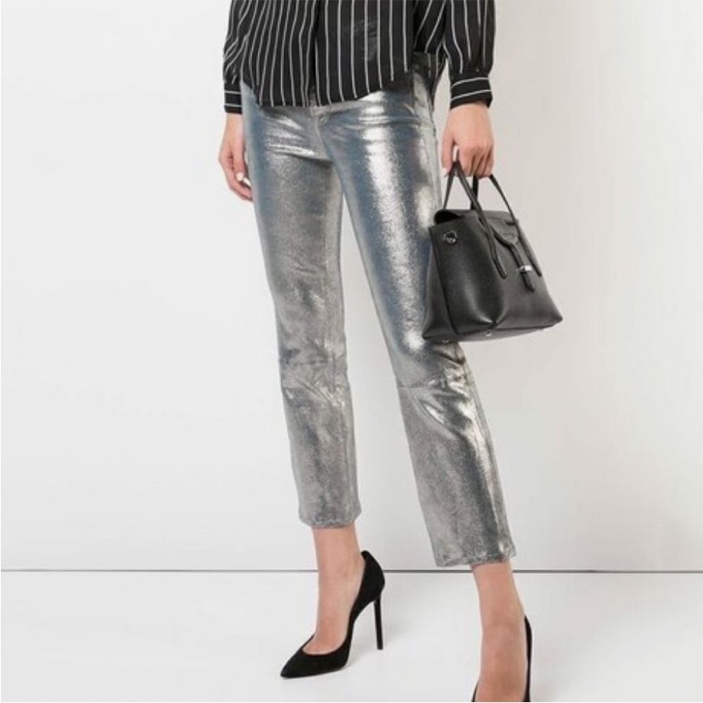 J BRAND‎ Selena Metallic Foiled Leather Crop Boot Jean Silver Size 28